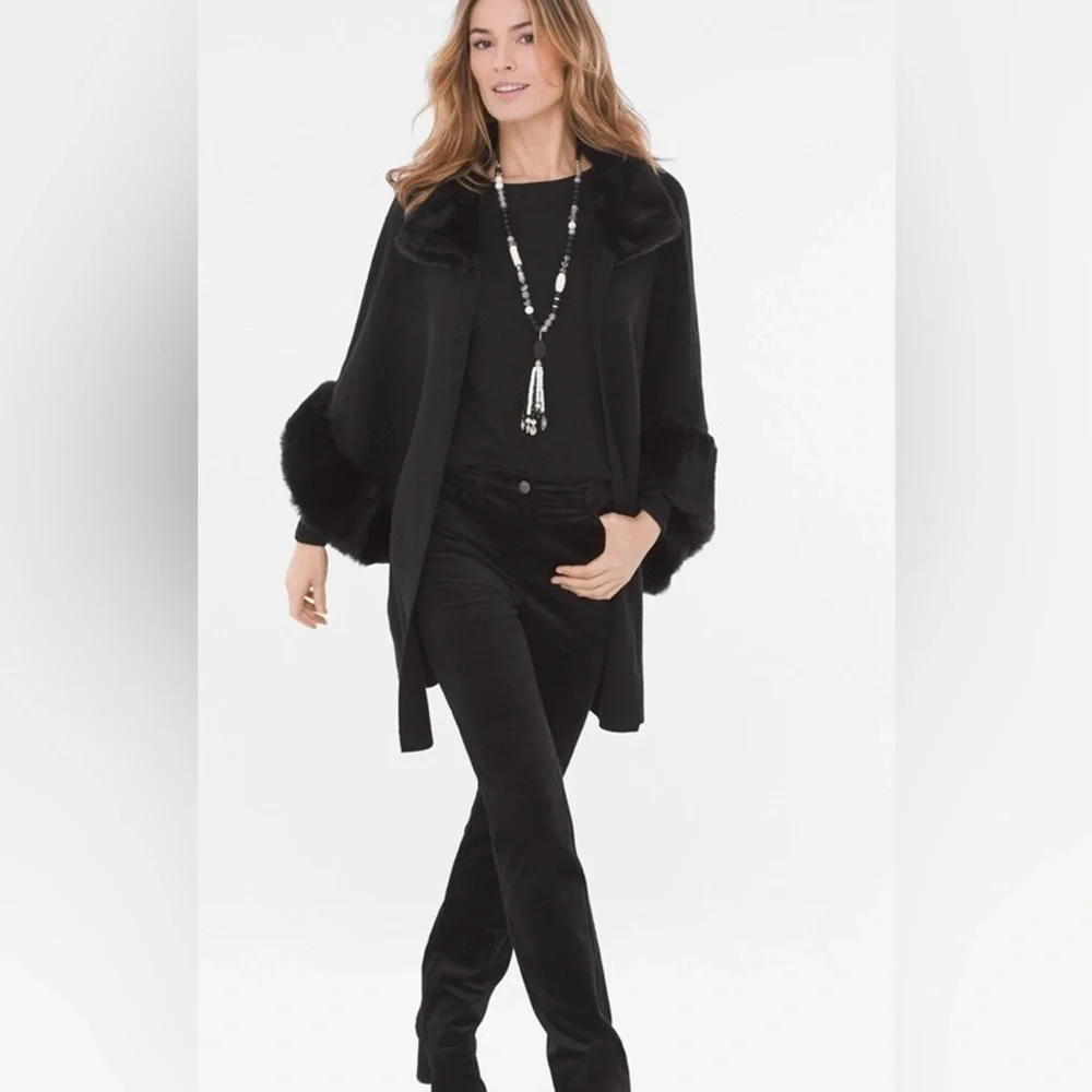 Chicos Black Faux Fur Trimmed Ruana Wrap Women’s Shawl Poncho Kimono One Size - Picture 2 of 9